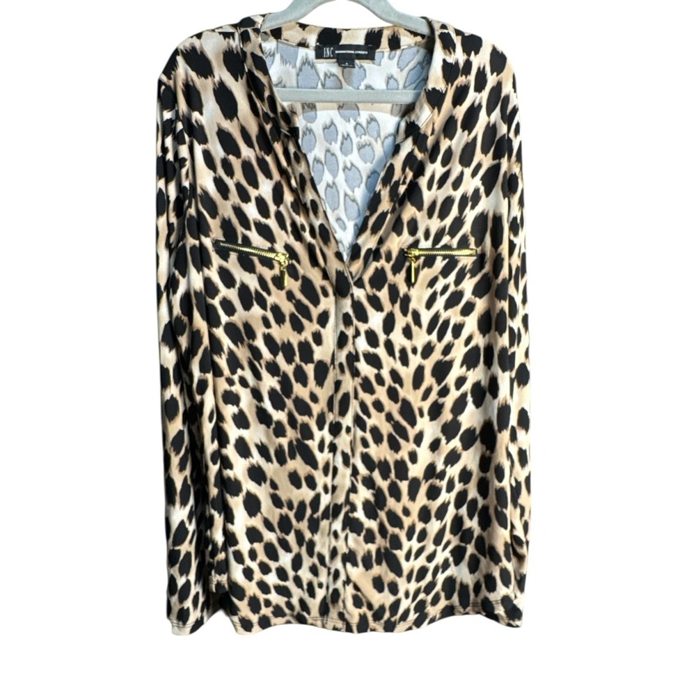 INC Concept Ombre‎ Cheetah Print Mob Wife Y2K Glam V-Neck Zip Pocket Top Size S
